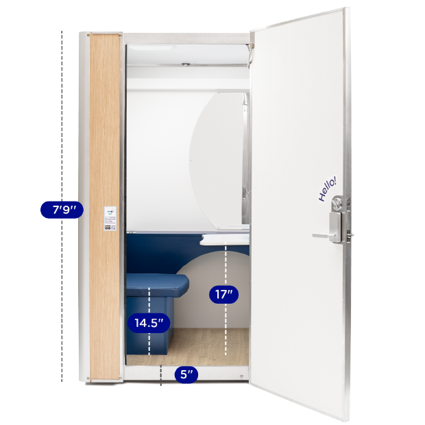 Front view of Mamava lactation pod with the door open showing dimensions of the interior and components 