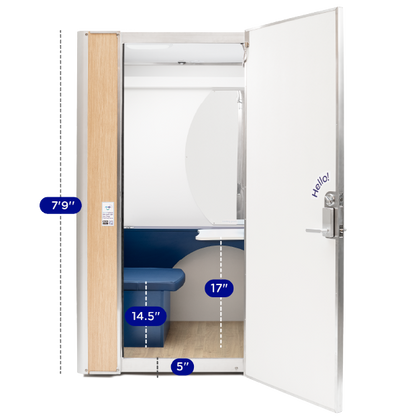 Front view of Mamava lactation pod with the door open showing dimensions of the interior and components 