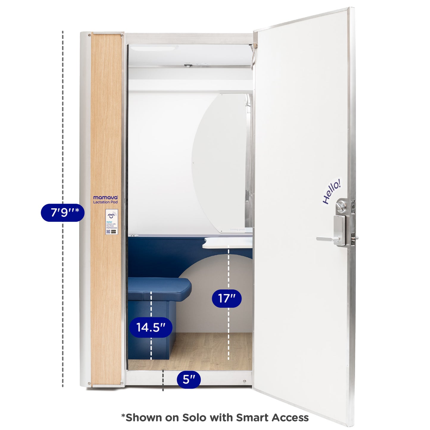 Exterior view of Solo Lactation Pod with the door open and with dimension callouts