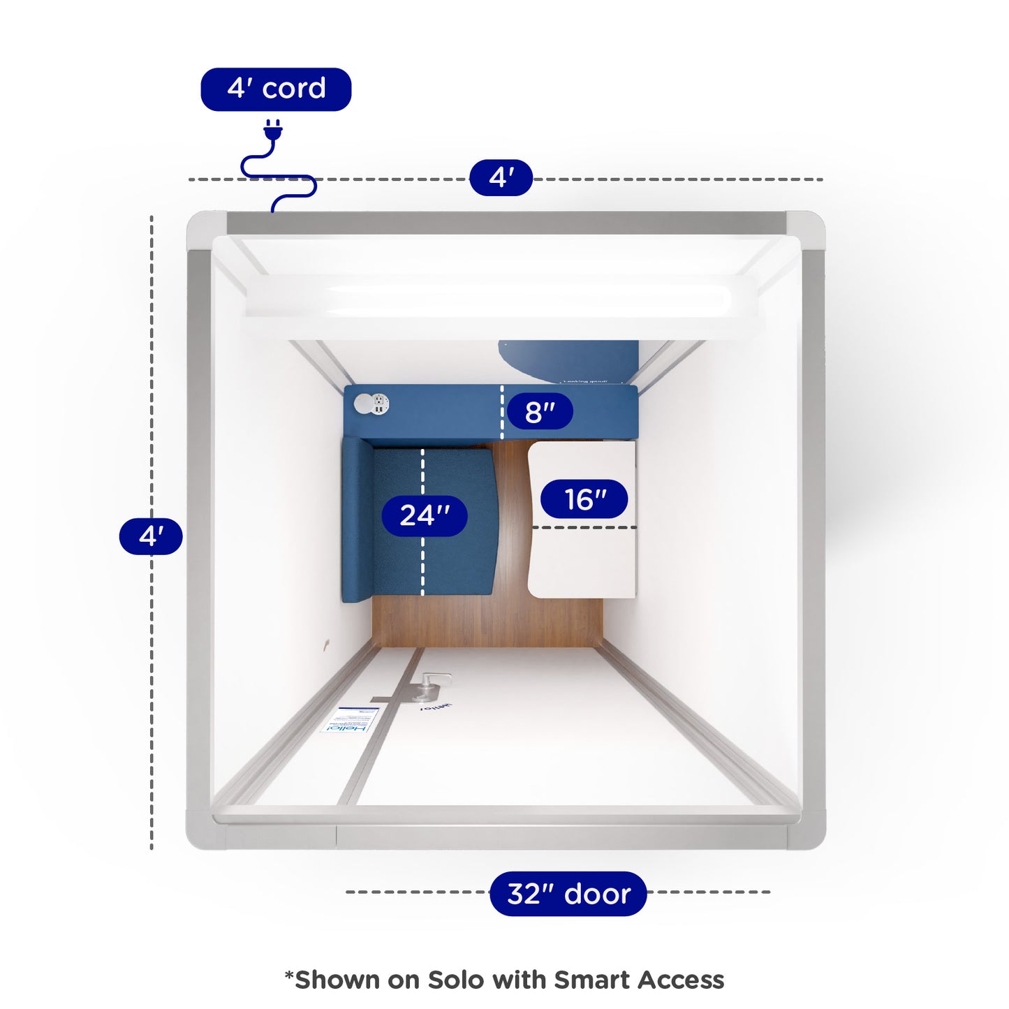 Solo Lactation Pod overhead view with dimension callouts